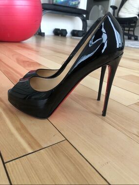 Christian Louboutin Black Patent Peep-Toe Stiletto with Red Sole